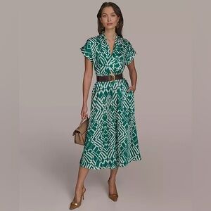 Donna Karan Green and White Geometric Dress